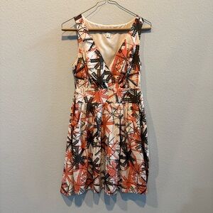 Banana Republic Sleeveless V-Neck Printed Mini Dress in Cream, Orange & Black